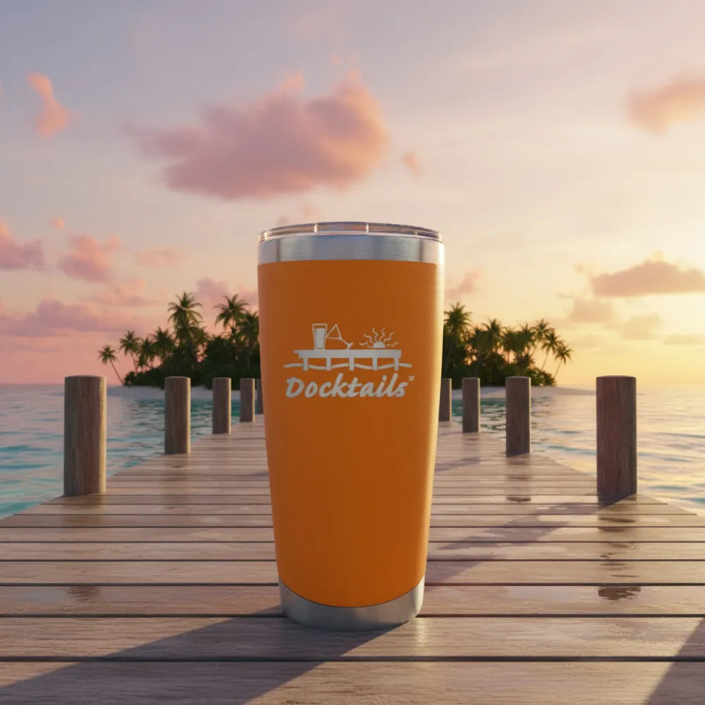 An orange insulated travel tumbler with a clear lid, featuring a silver metallic base and an engraved graphic on the front that reads 'Docktails' with a cocktail glass and drink illustration. Background shows the tumbler sitting on a dock in the ocean with an island of palm trees in the distance.