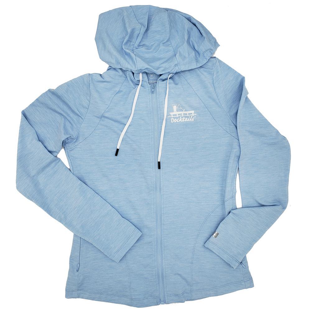 Docktails Women's Cabana Daze Zip Hoodie in Heather Blue, with UPF50 sun protection
