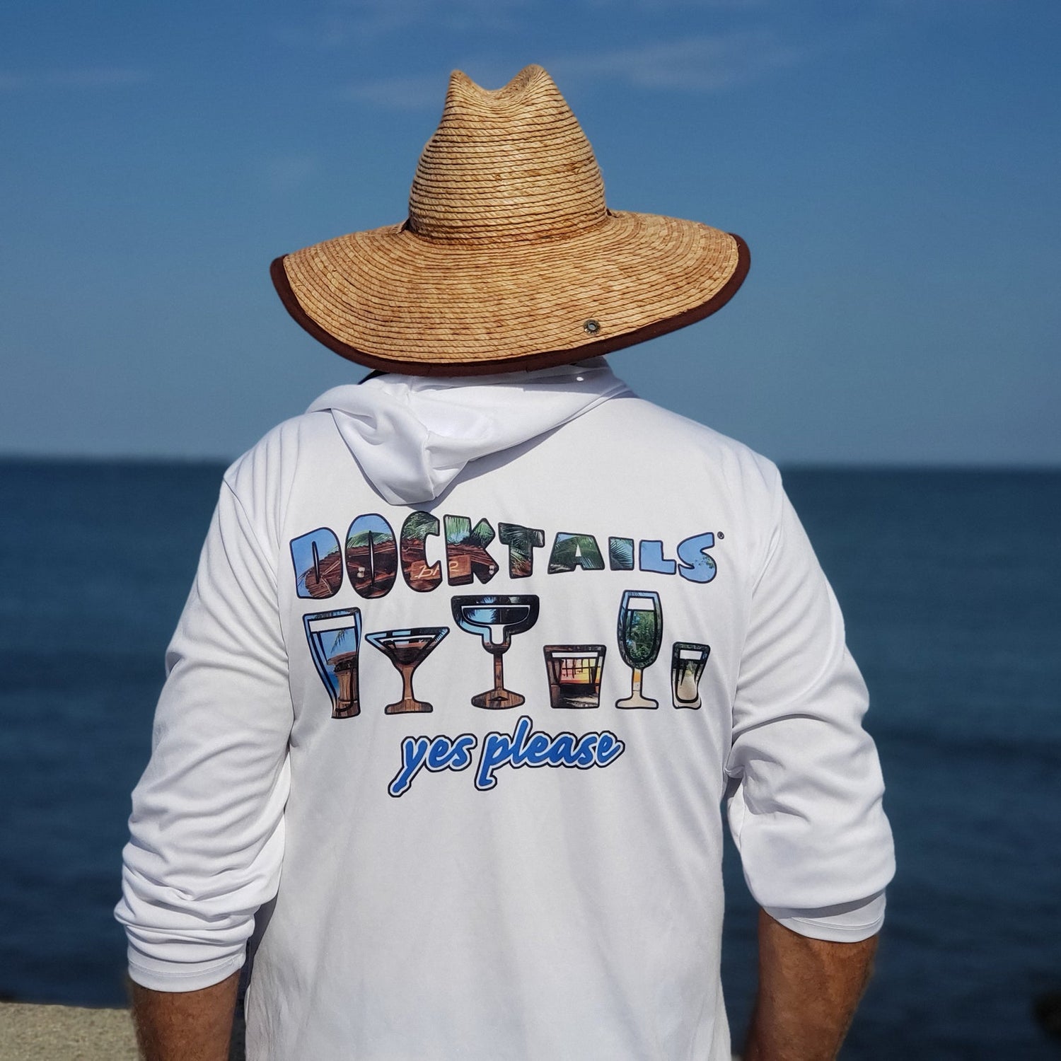 Docktails Drink Like A Fish Unisex Hoodie Performance Sun Shirt in White UPF 50 lifestyle image