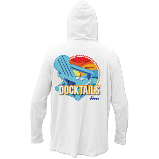Docktails Adirondack chair Unisex Hoodie Performance Sun Shirt in White UPF 50 back of shirt
