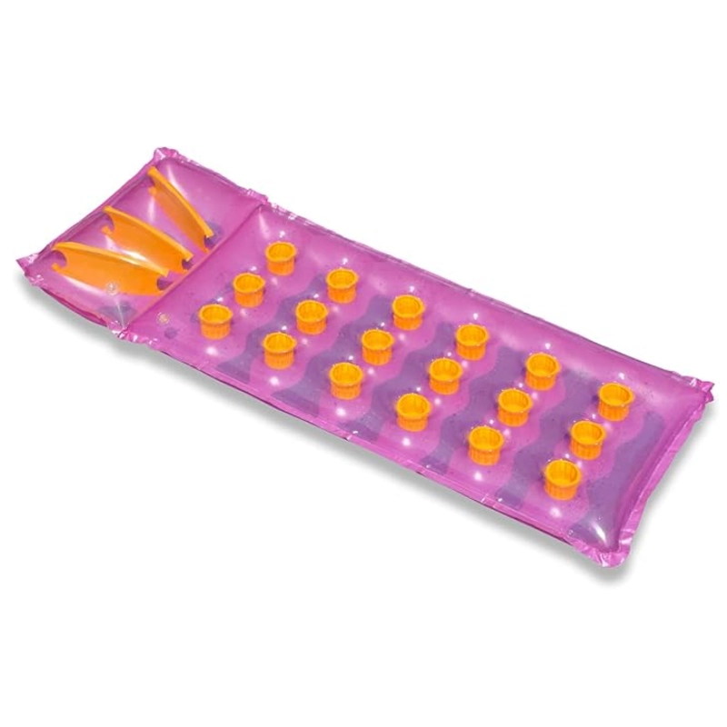 Transparent pink inflatable pool mattress with orange pockets that look like cups and a built-in inflated pillow