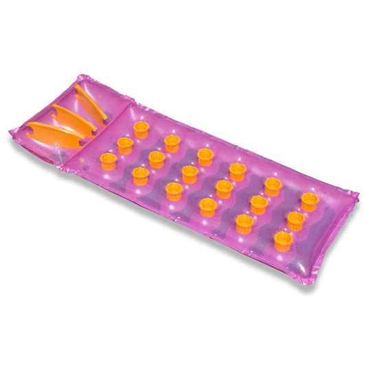 Transparent pink inflatable pool mattress with orange pockets that look like cups and a built-in inflated pillow