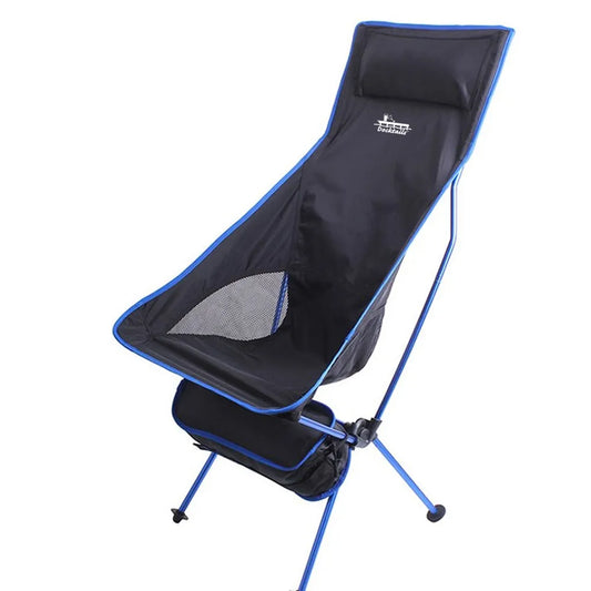 A black and blue portable camping chair with a mesh side pocket and a small attached storage pouch, shown on a plain white background.