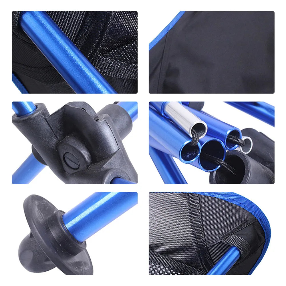 Six-panel close-up collage showing details of a black and blue hiking or camping backpack, including fabric texture, black webbing, blue pole sections, plastic connector hardware, and a black foam-like insert.