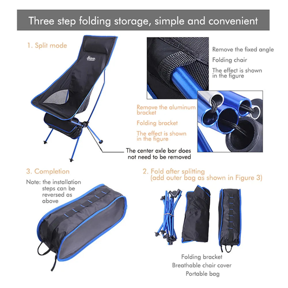 Instructional diagram showing how to fold and store a portable folding chair. The image includes labeled steps for split mode, folding after splitting, and the folded portable bag, with close-up inset photos of the chair components and removal instructions.