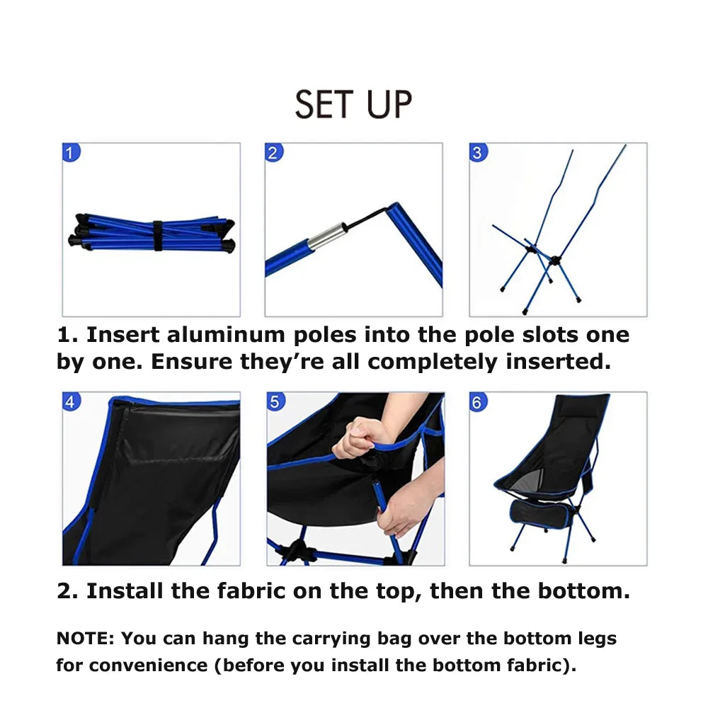Instructional diagram titled 'SET UP' showing six numbered steps for assembling a folding camp chair, including inserting aluminum poles and installing the fabric. The chair is shown folded and unfolded, with text instructions below on how to insert poles and install fabric.