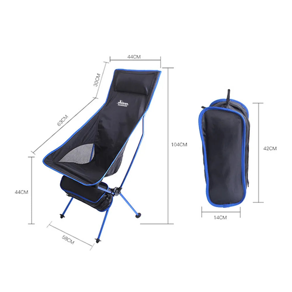 A black and blue camping folding chair shown with dimension callouts and a folded side view, on a plain white background.