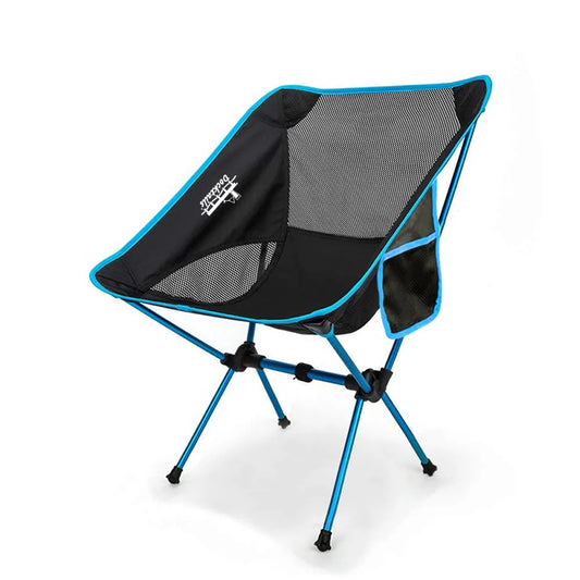 A portable folding camp chair with a black mesh seat, black fabric sides, and bright blue frame and trim, shown on a clean white background.