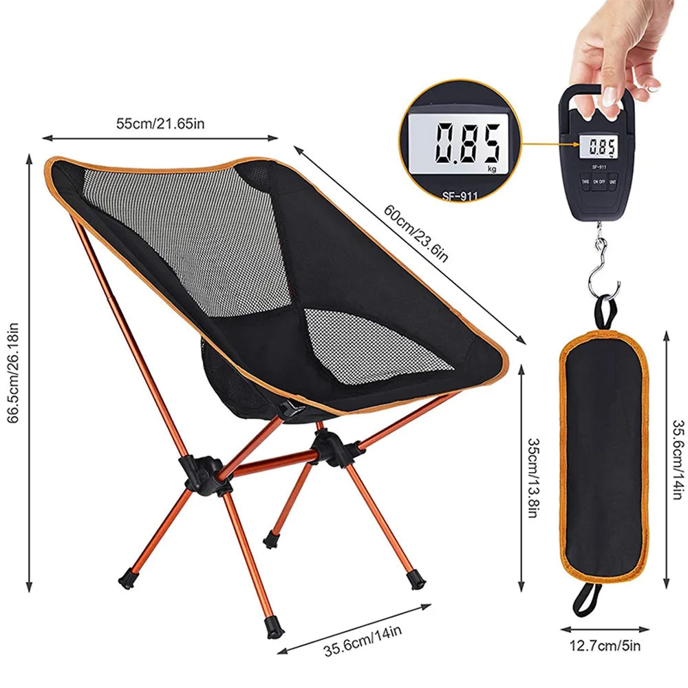 A folding camping chair with orange metal legs and a black mesh seat, shown with overlaid dimension lines and a hanging weight test graphic on a white background.