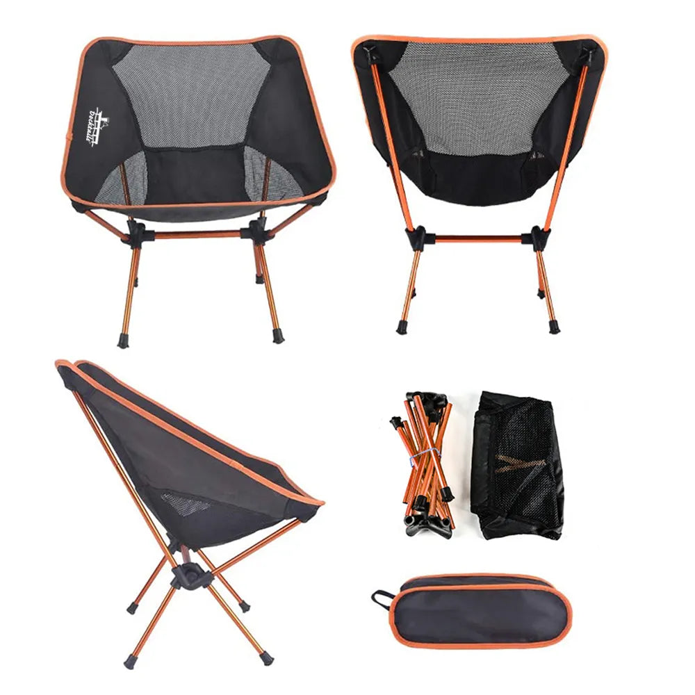 A portable folding camp chair shown from multiple angles on a white background, along with its folded storage bag and carrying pouch. The chair has a black mesh seat and back with bright orange frame accents, and the brand name 'Docktails' is visible on the side.