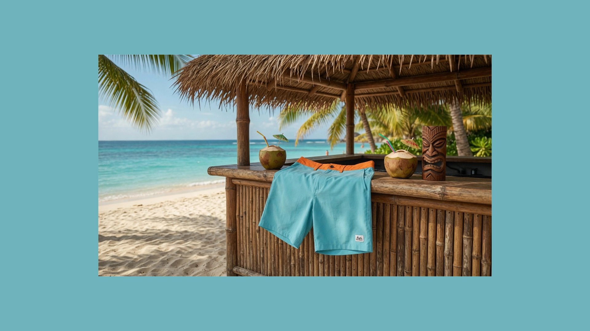 Tiki bar on a beach with a pair of blue boardshorts draped over the bar with an orange waistband
