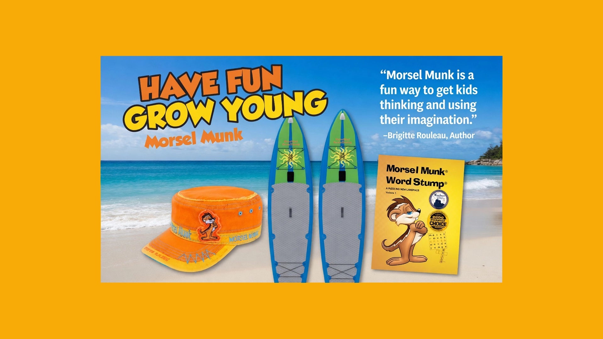 Morsel Munk product set with hat, standup paddleboard, and book on a beach background