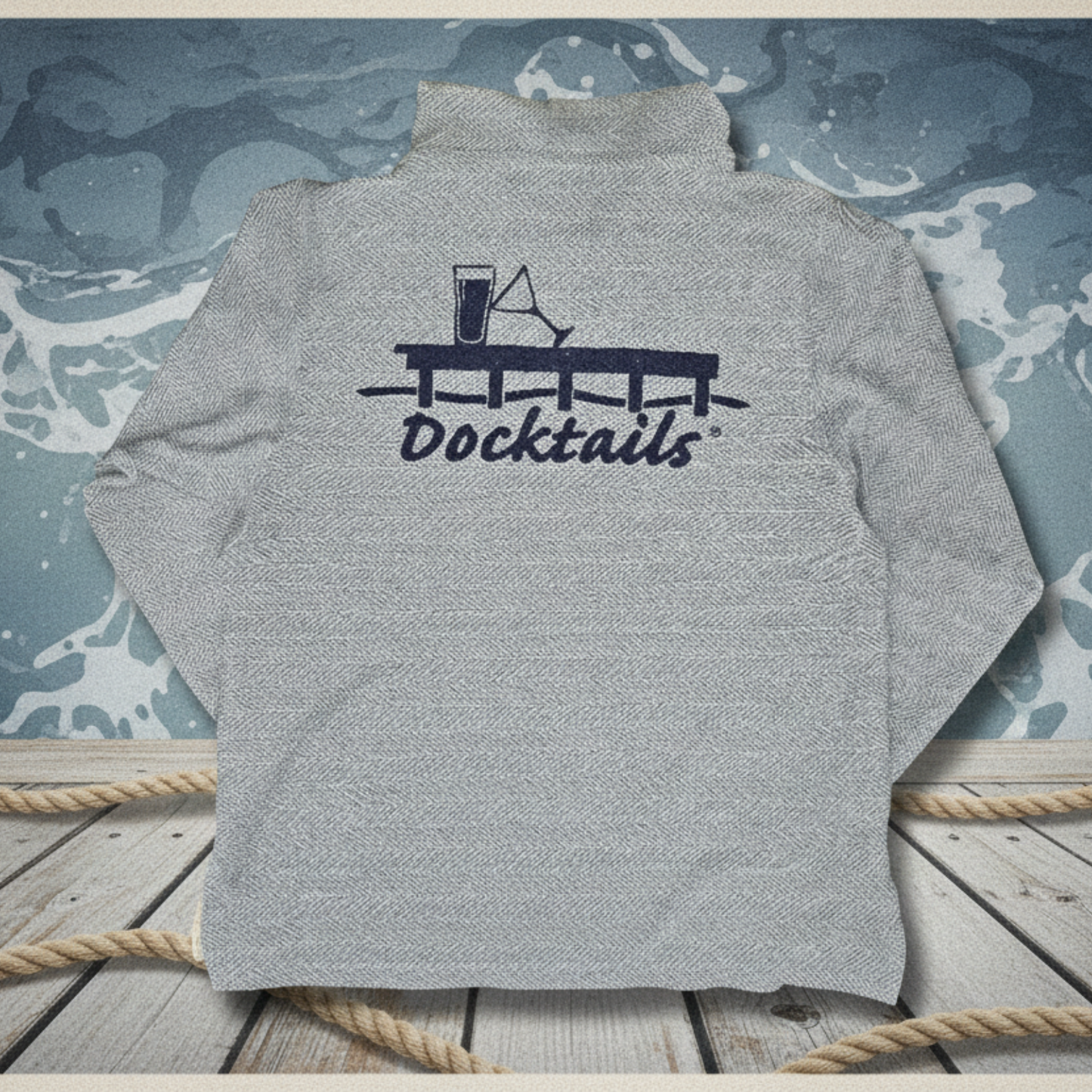 Docktails Blue/White Herringbone Unisex Baja Hoodie showing back of hoodie, shown against a nautical background