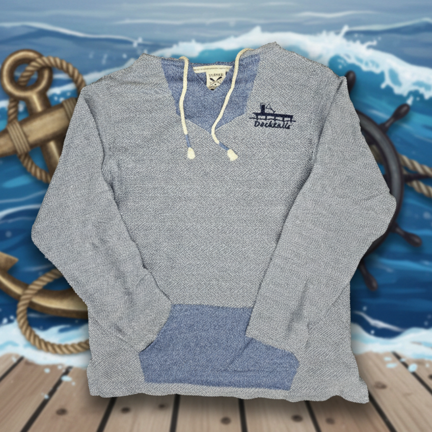 Docktails Blue/White Herringbone Unisex Baja Hoodie showing front of hoodie, shown against a nautical background