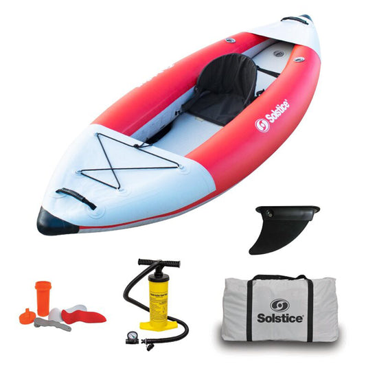 Flare 1 inflatable kayak from Solstice, shown with included accessories