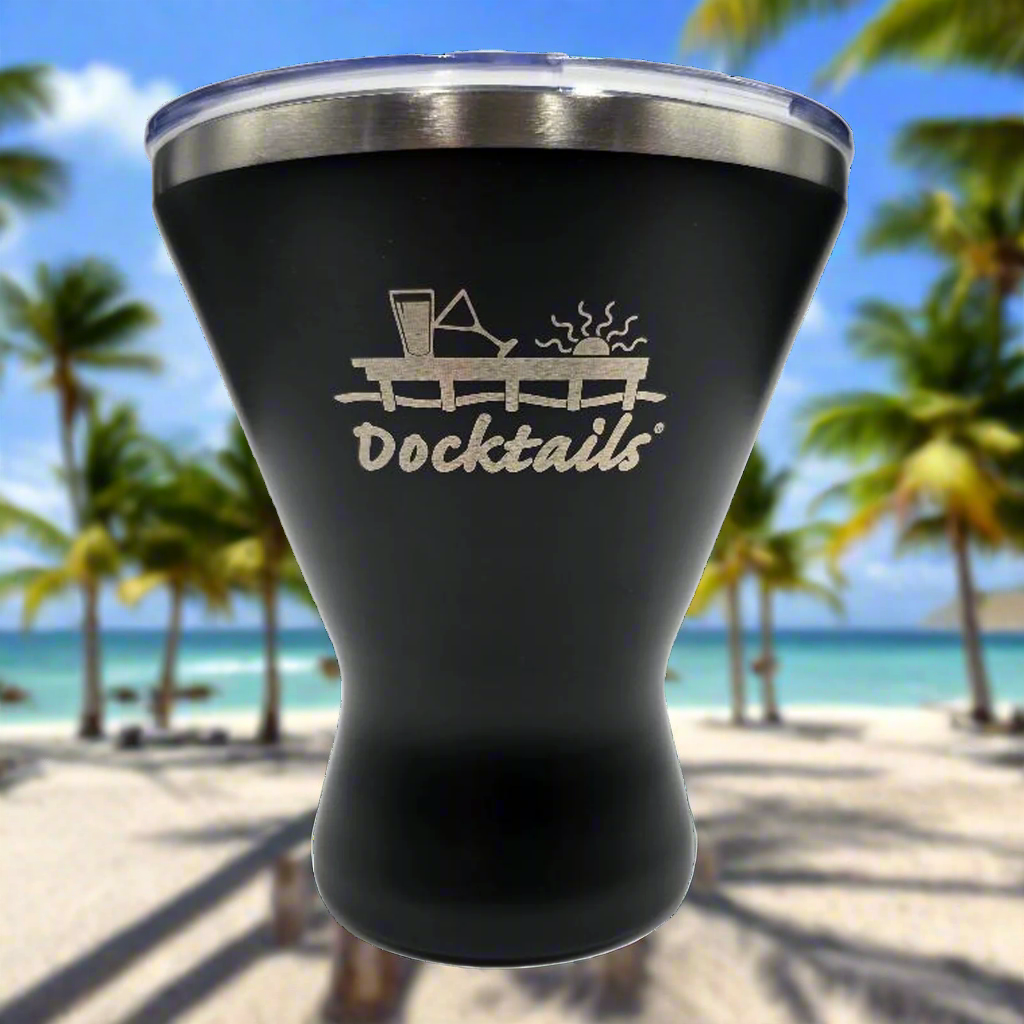 Black martini cup that is stemless, shatterproof, insulated stainless steel, with a slider lid