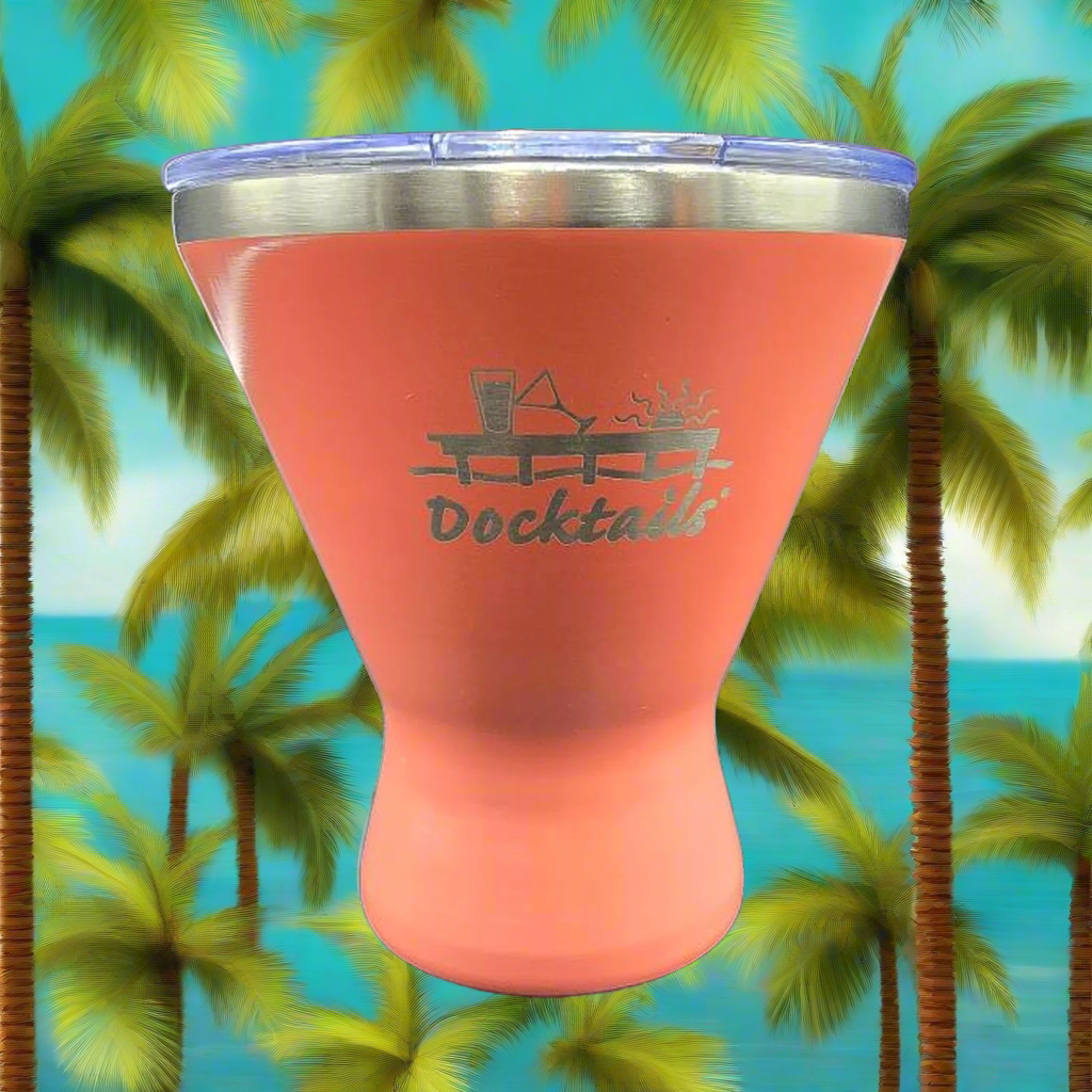 Martini cup in pink, insulated and shatterproof stainless steel, stemless, with a slider lid