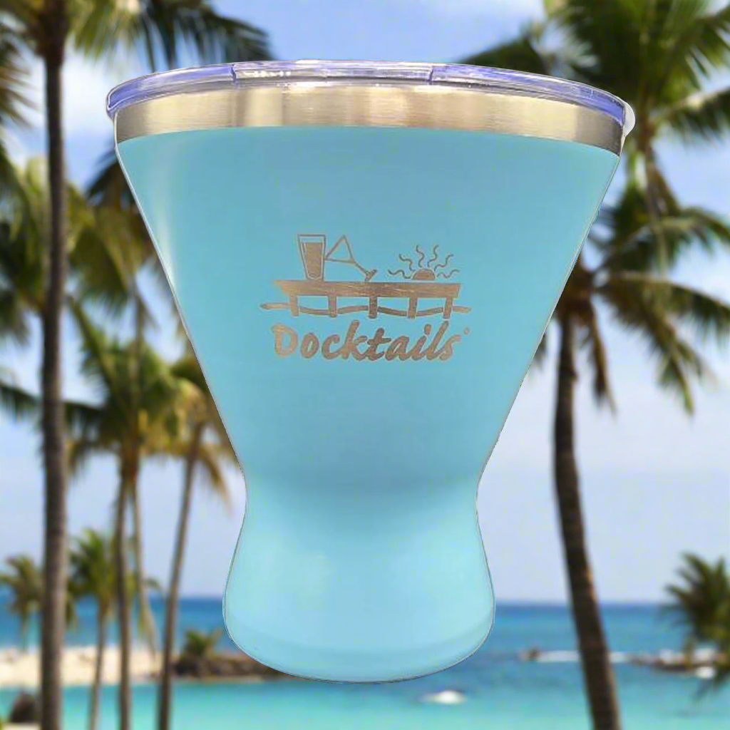 Martini cup that is stemless, shatterproof and insulated, with a slider lid, and sky blue color