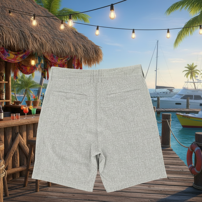 Docktails brand grey boardshorts set against a tropical bar background