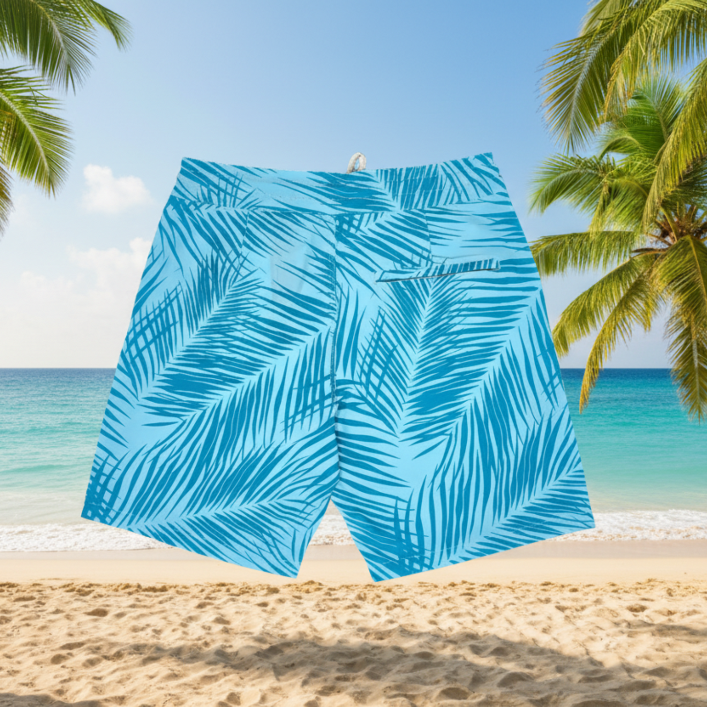 Docktails brand blue leaf-patterned swim shorts shown against a tropical background