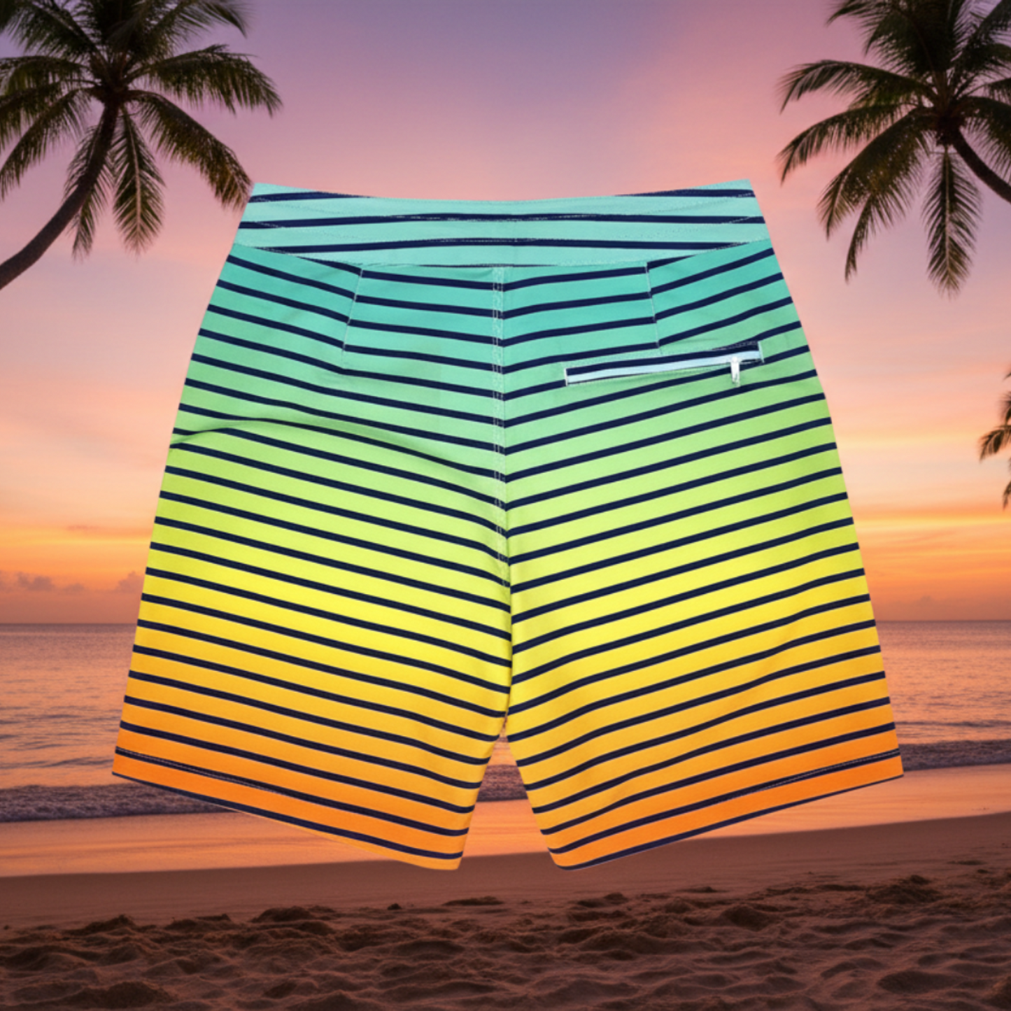 Docktails brand colorful striped men's boardshorts with a gradient from blue to yellow set against a tropical beach sunset background