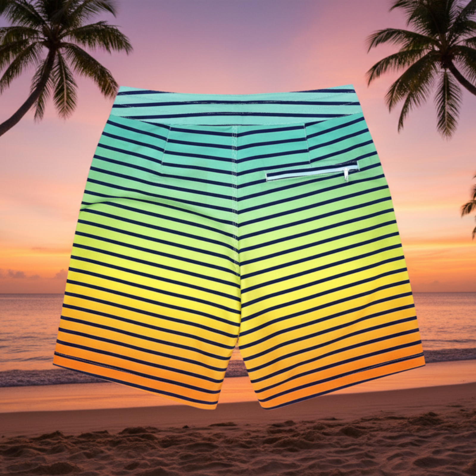 Docktails brand colorful striped men's boardshorts with a gradient from blue to yellow set against a tropical beach sunset background