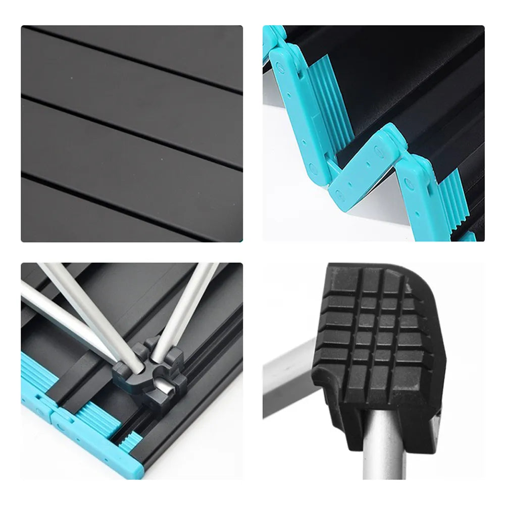 Four-panel close-up collage of a folding table, showing the black slatted top, turquoise plastic hinges, metal support rods, and a black textured foot pad on a white background.