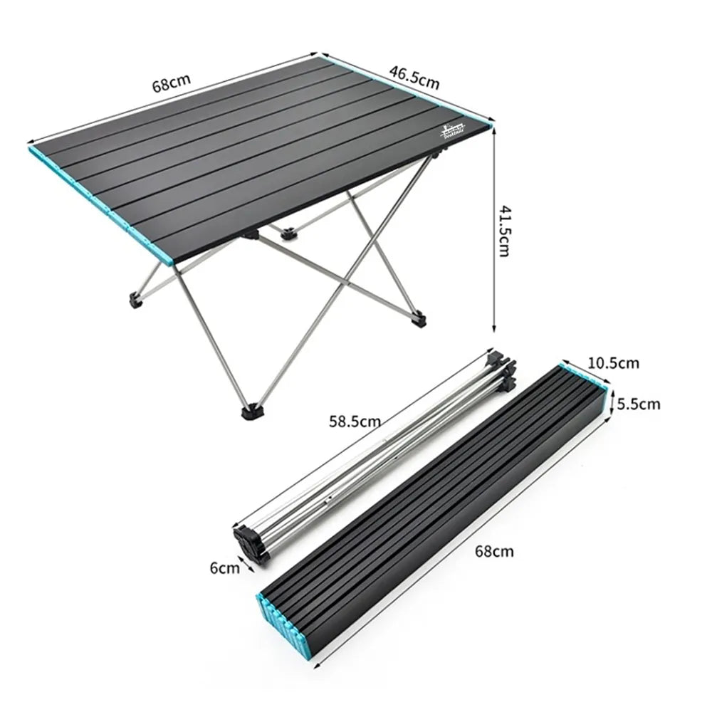 A folding camping table assembled and folded shown on a white background with overlaid dimensions. The main item is a rectangular slatted table with a black top, silver metal legs, and a bright blue edge accent.