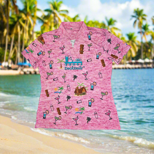 Women's Meet Me at The Tiki pink v-neck polo shirt