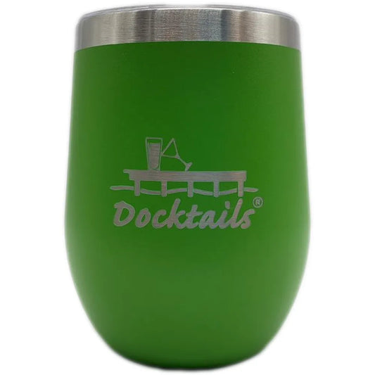 A green insulated stemless wine tumbler with a brushed stainless steel rim and an engraved 'Docktails' logo on the front, set against a plain white background.