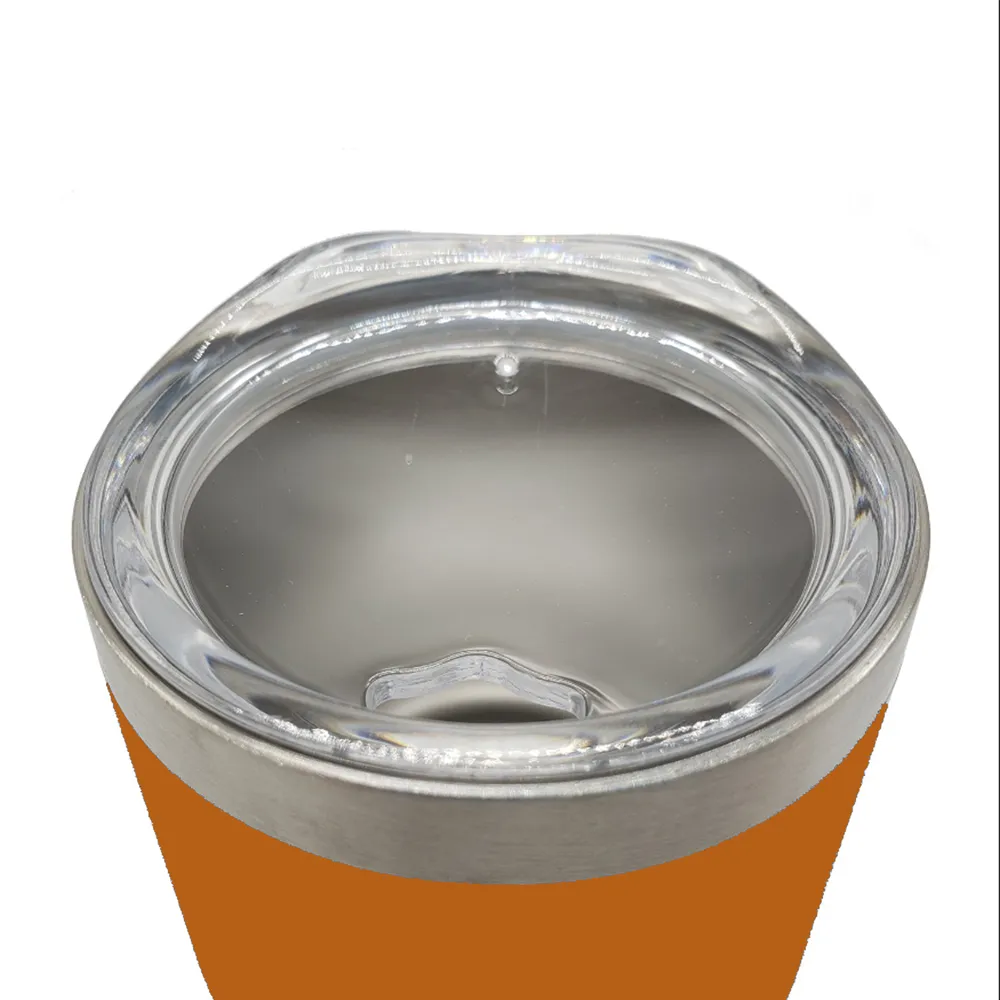 Close-up of a stainless steel insulated tumbler with a clear plastic lid and a solid orange body, shown on a white background.