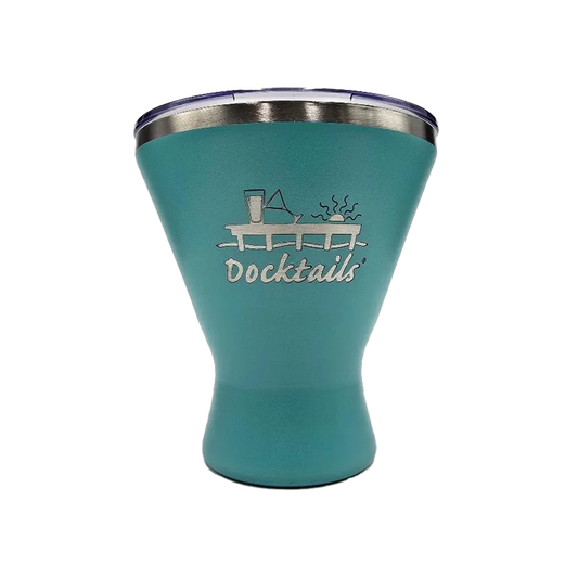 An aqual-colored stainless steel tumbler with a matching lid, featuring an engraved graphic of a cocktail and the word 'Docktails' on the front, set against a plain white background.