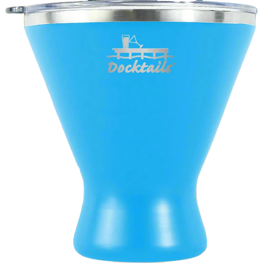 A bright blue tapered tumbler with a silver rim and a clear lid, featuring an engraved graphic of a cocktail and the word 'Docktails' on the front, isolated on a white background.
