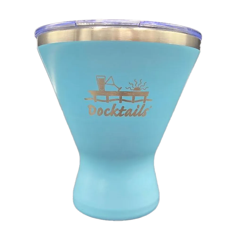 A light blue insulated tumbler with a clear lid and a brushed silver rim, featuring an engraved 'Docktails' logo with a cocktail glass and drinks graphic on the front.