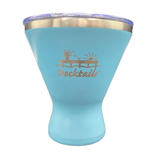 A light blue insulated tumbler with a clear lid and a brushed silver rim, featuring an engraved 'Docktails' logo with a cocktail glass and drinks graphic on the front.