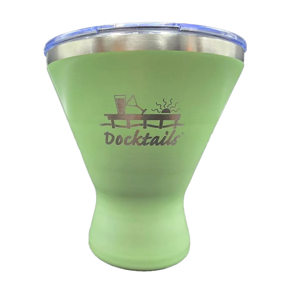 A light green insulated tumbler with a stainless steel rim and a clear lid, featuring a 'Docktails' graphic engraved on the front.