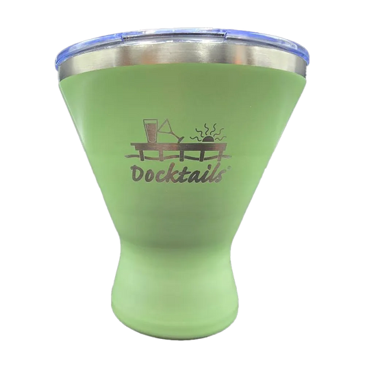 A light green insulated tumbler with a stainless steel rim and a clear lid, featuring a 'Docktails' graphic engraved on the front.