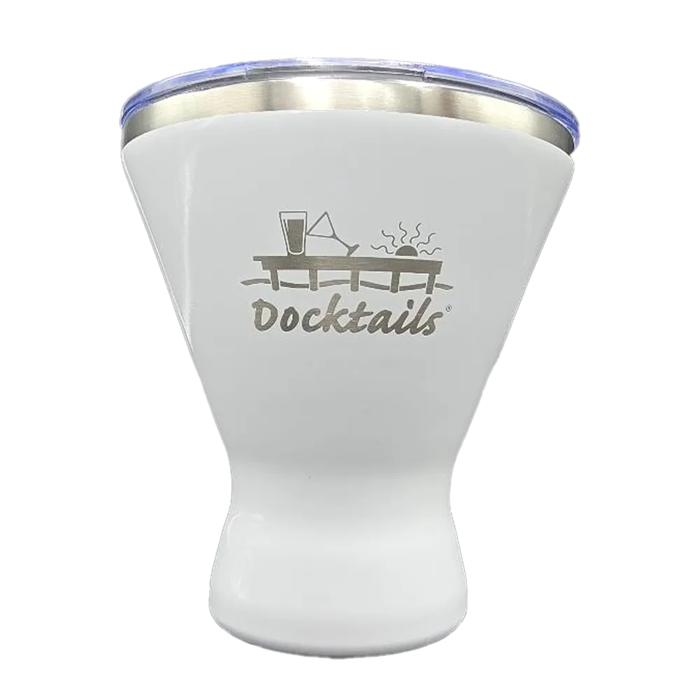 A white insulated tumbler with a clear lid and a silver stainless steel rim, featuring a 'Docktails' graphic engraved on the front.