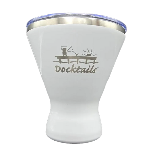 A white insulated tumbler with a clear lid and a silver stainless steel rim, featuring a 'Docktails' graphic engraved on the front.