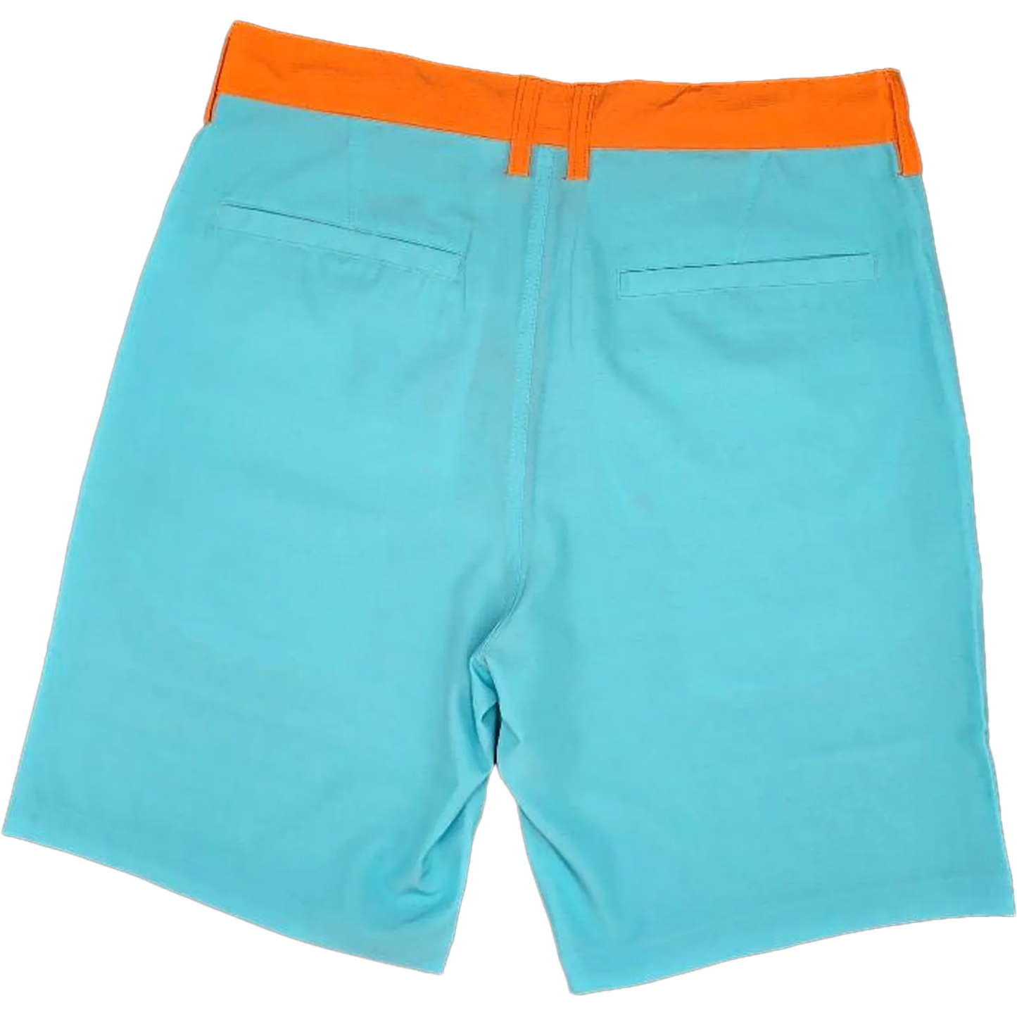 Turquoise blue shorts with an orange waistband, shown from the back on a white background.