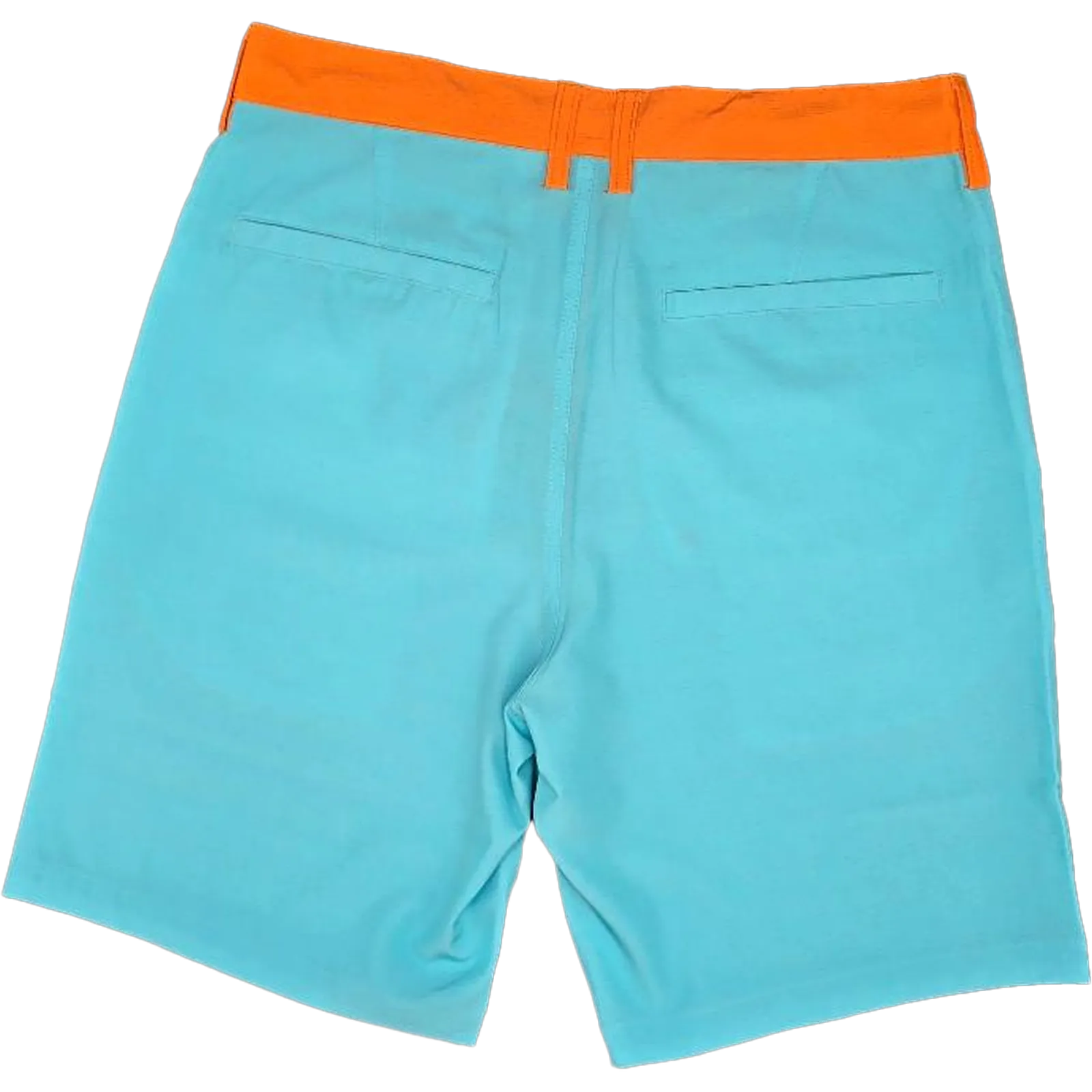 Turquoise blue shorts with an orange waistband, shown from the back on a white background.