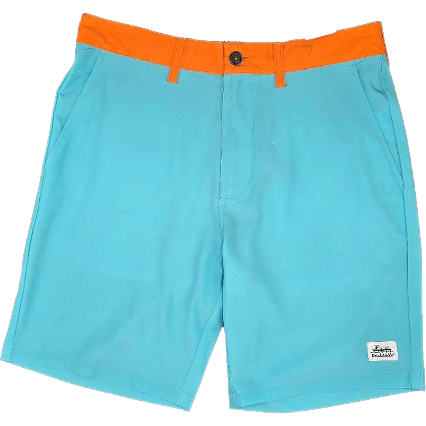A pair of men's shorts in a turquoise color with a contrasting bright orange waistband. A small white Docktails brand label is visible on the lower right leg.