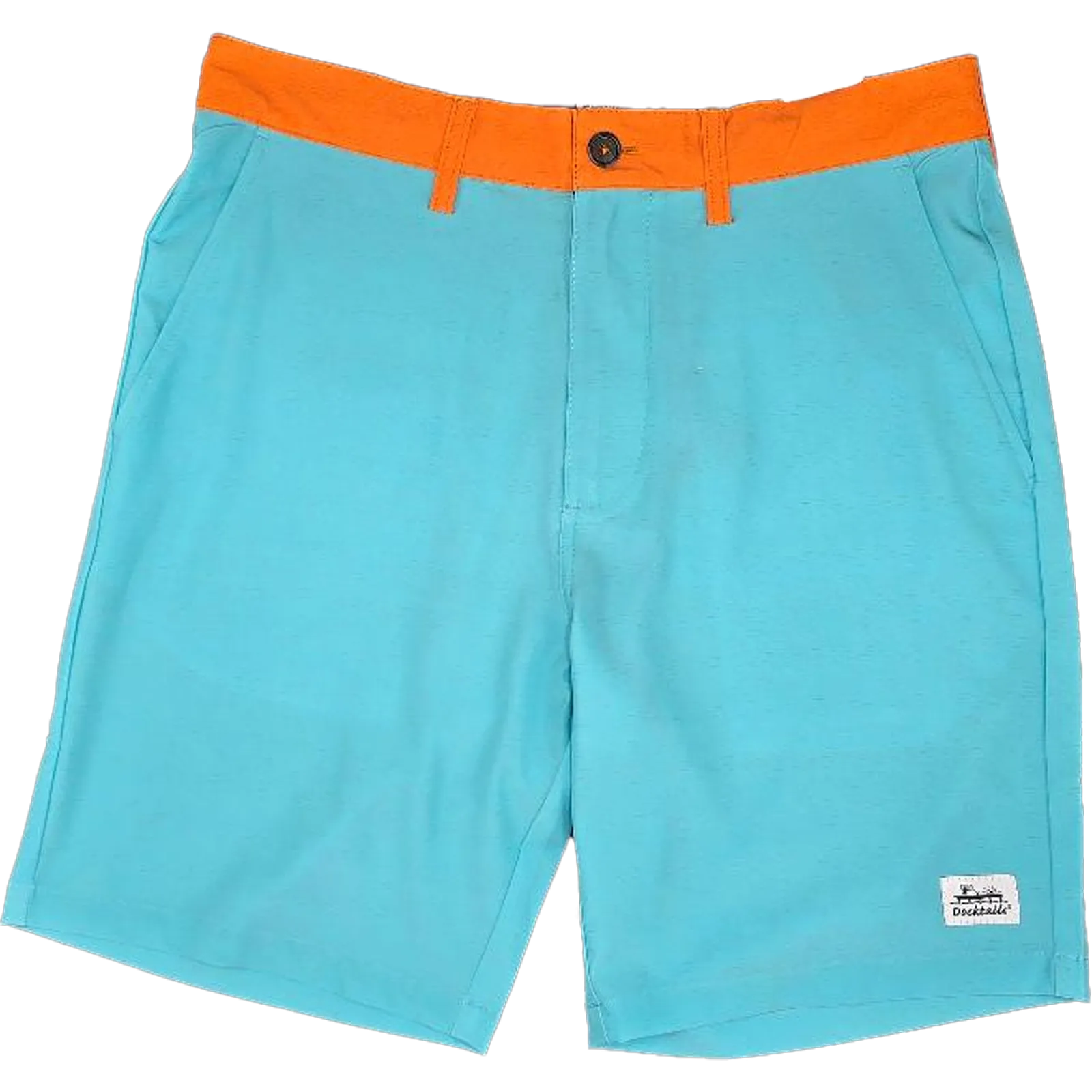 A pair of men's shorts in a turquoise color with a contrasting bright orange waistband. A small white Docktails brand label is visible on the lower right leg.