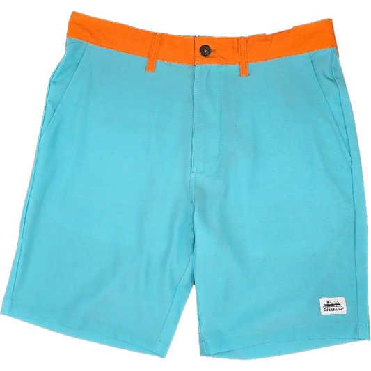 A pair of men's shorts in a turquoise color with a contrasting bright orange waistband. A small white Docktails brand label is visible on the lower right leg.