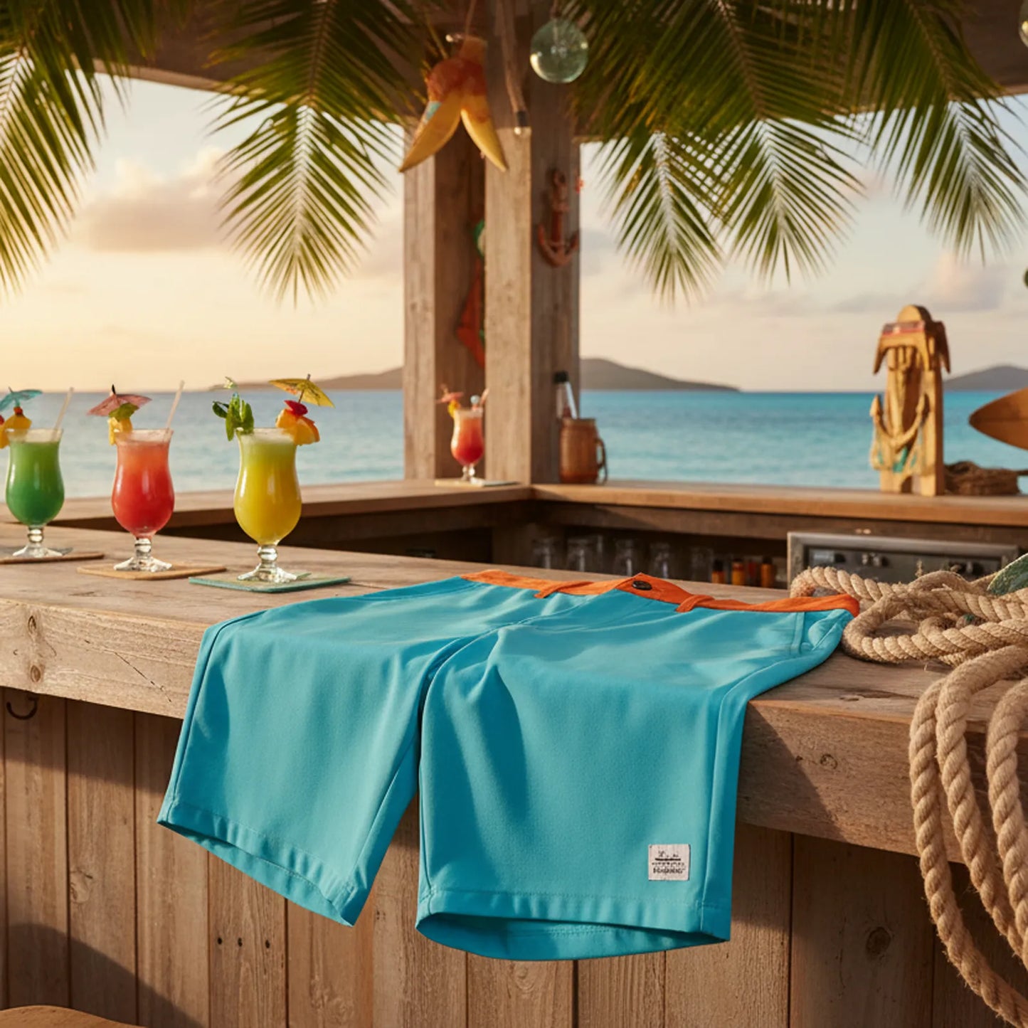 A pair of turquoise swim shorts with an orange waistband is draped over a wooden beach bar counter, with tropical cocktails, palm leaves, and the ocean in the background.