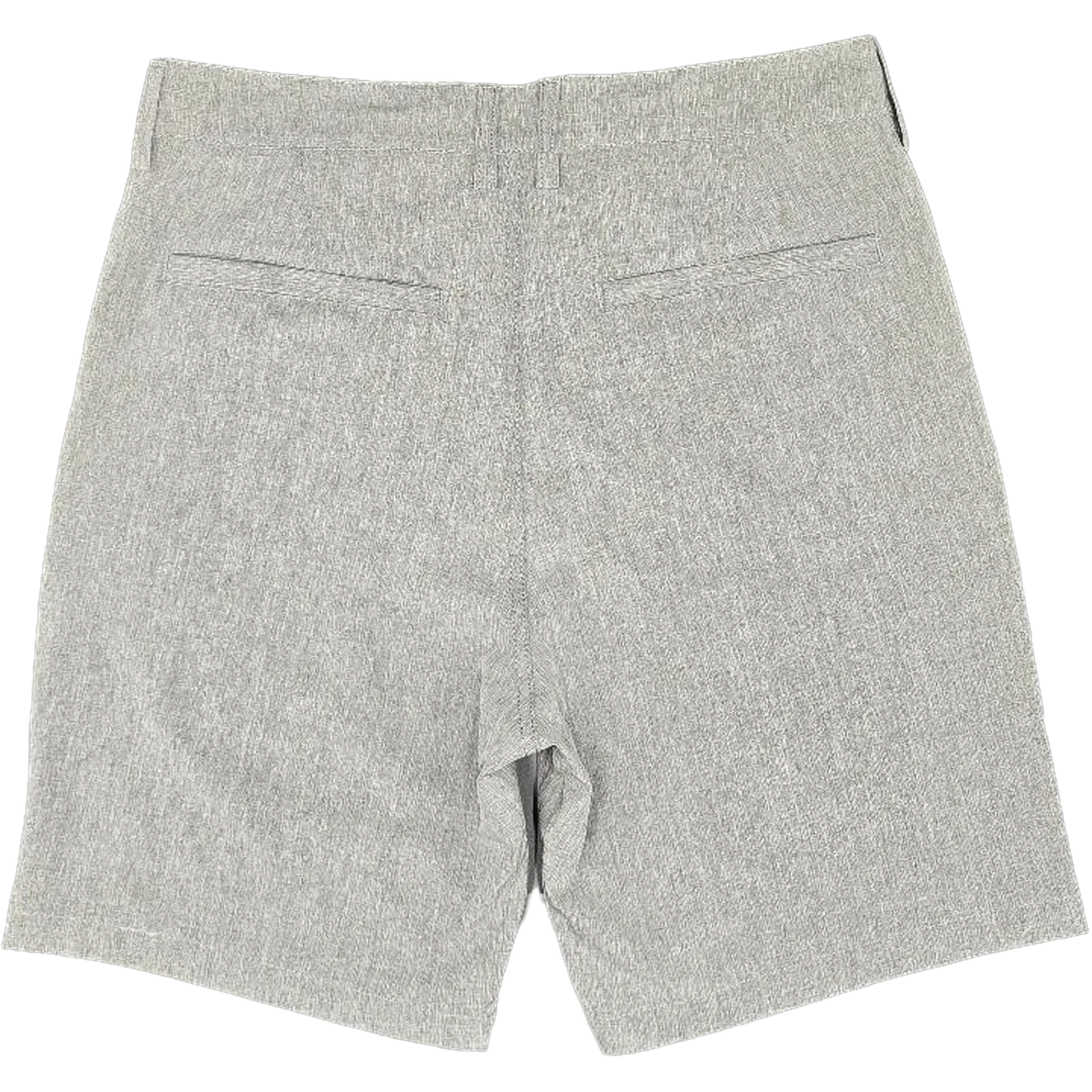 A pair of light gray heathered shorts shown from the back, featuring a textured fabric body, a waistband, and two welt back pockets, photographed against a solid white background.