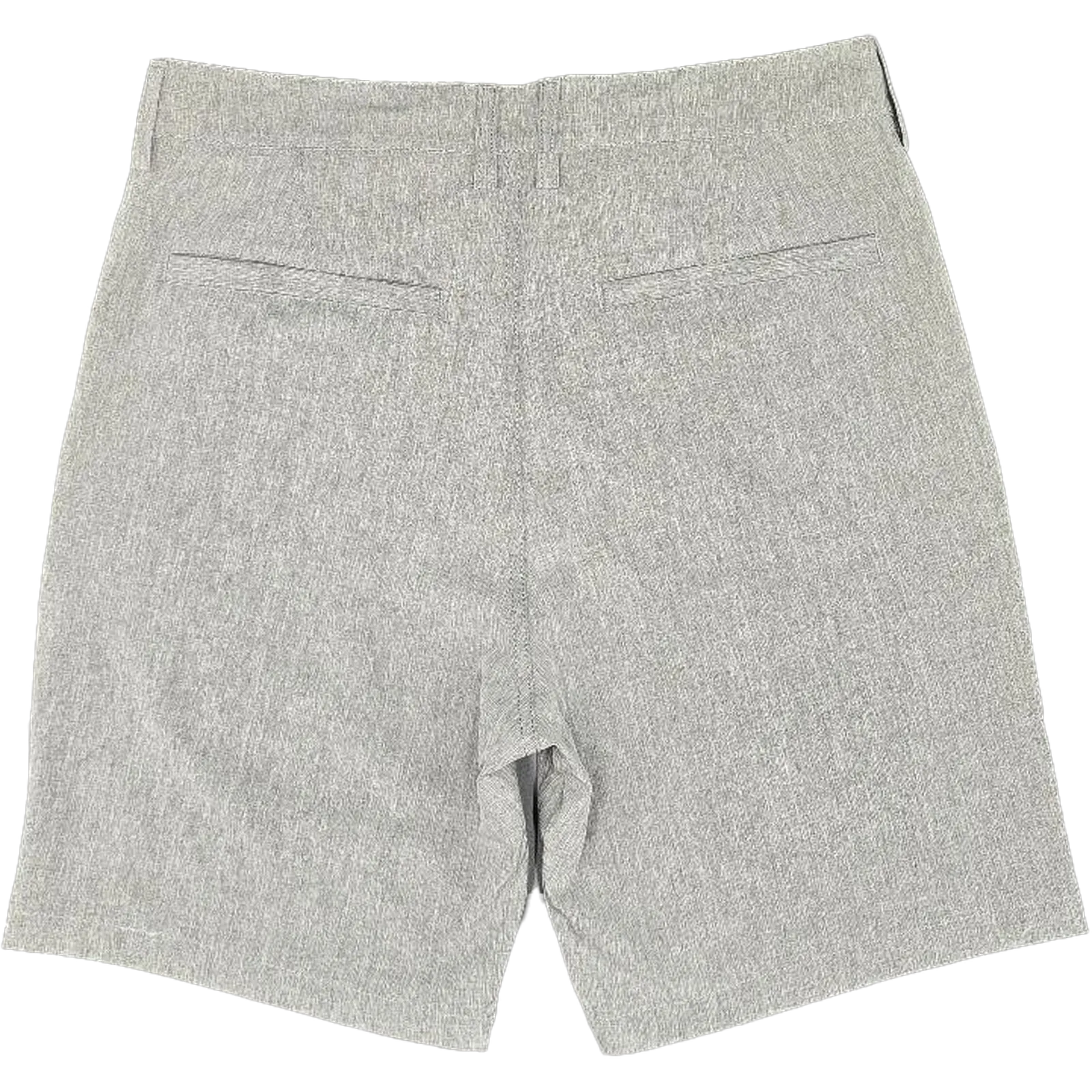 A pair of light gray heathered shorts shown from the back, featuring a textured fabric body, a waistband, and two welt back pockets, photographed against a solid white background.