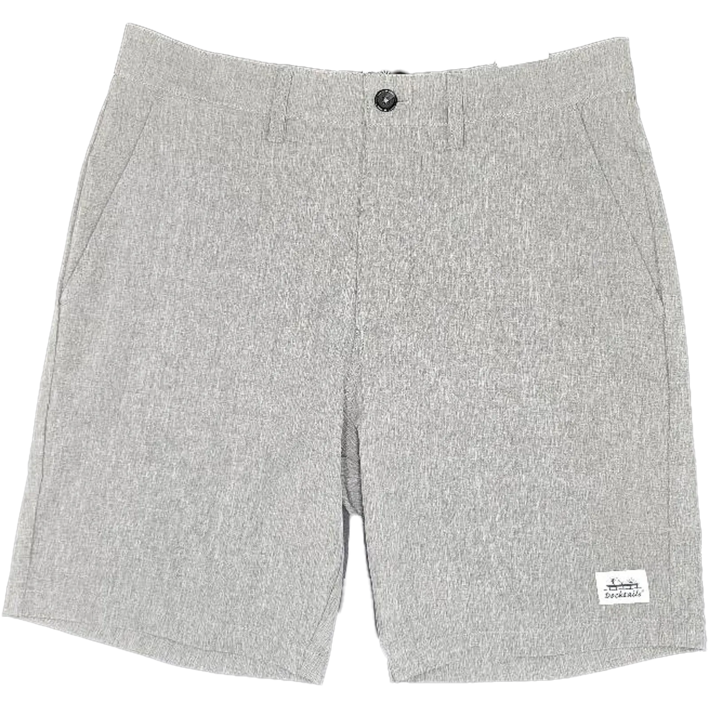 Light gray heathered knit shorts with a single button closure at the waistband, side pockets, and a small white Docktails brand patch near the lower right hem.