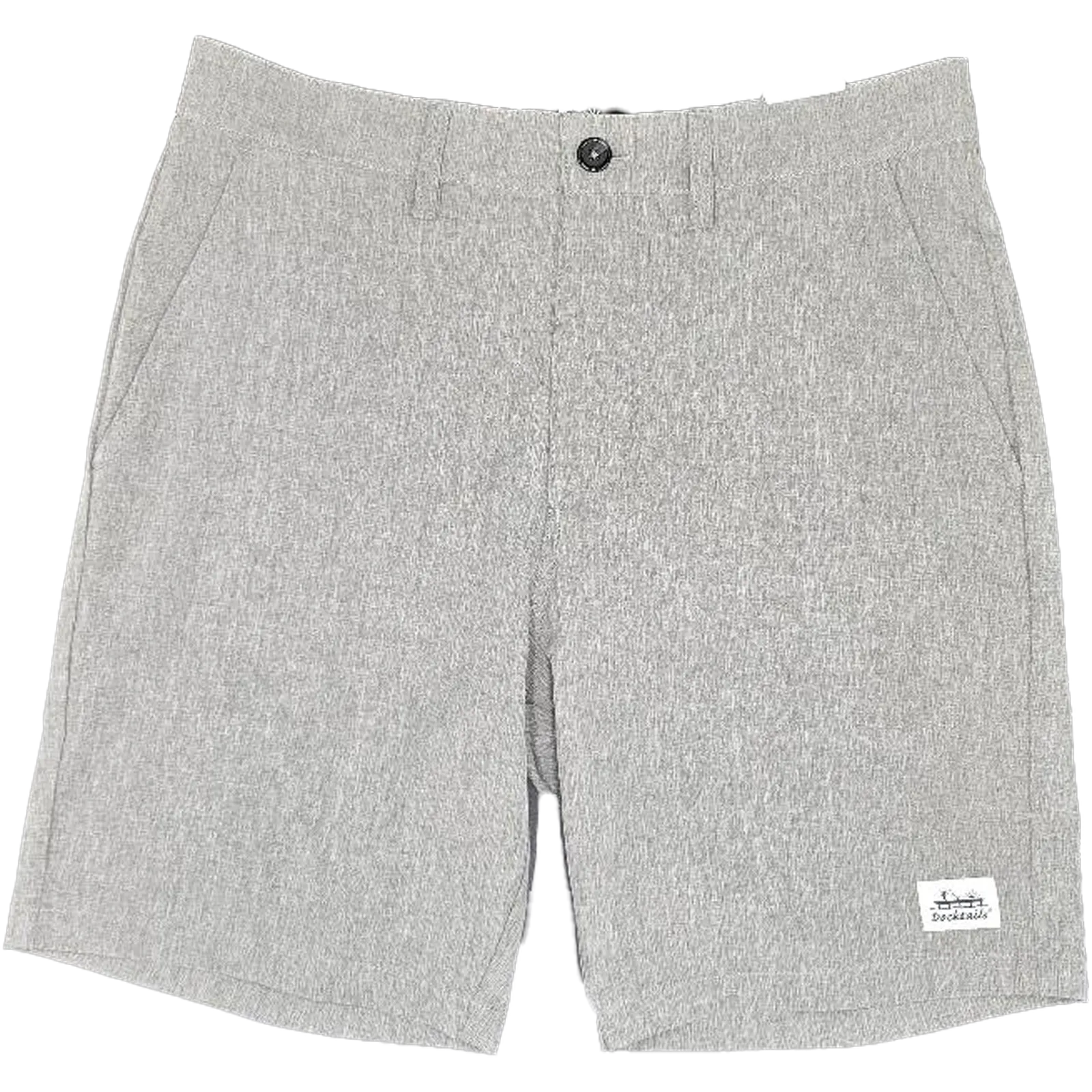Light gray heathered knit shorts with a single button closure at the waistband, side pockets, and a small white Docktails brand patch near the lower right hem.