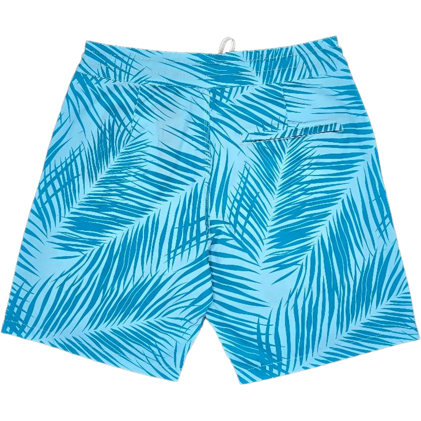 Blue and light blue tropical palm leaf print swim trunks with a drawstring waistband, shown flat against a white background.